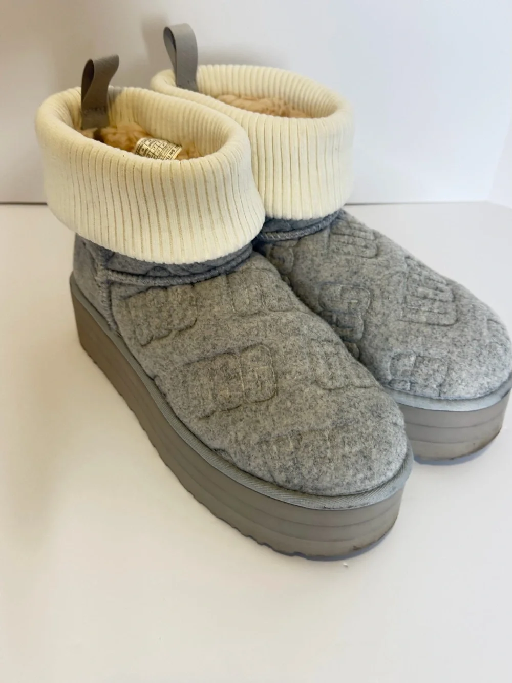 UGG Gray Quilted Boot with Cream Fold-Over Cuff